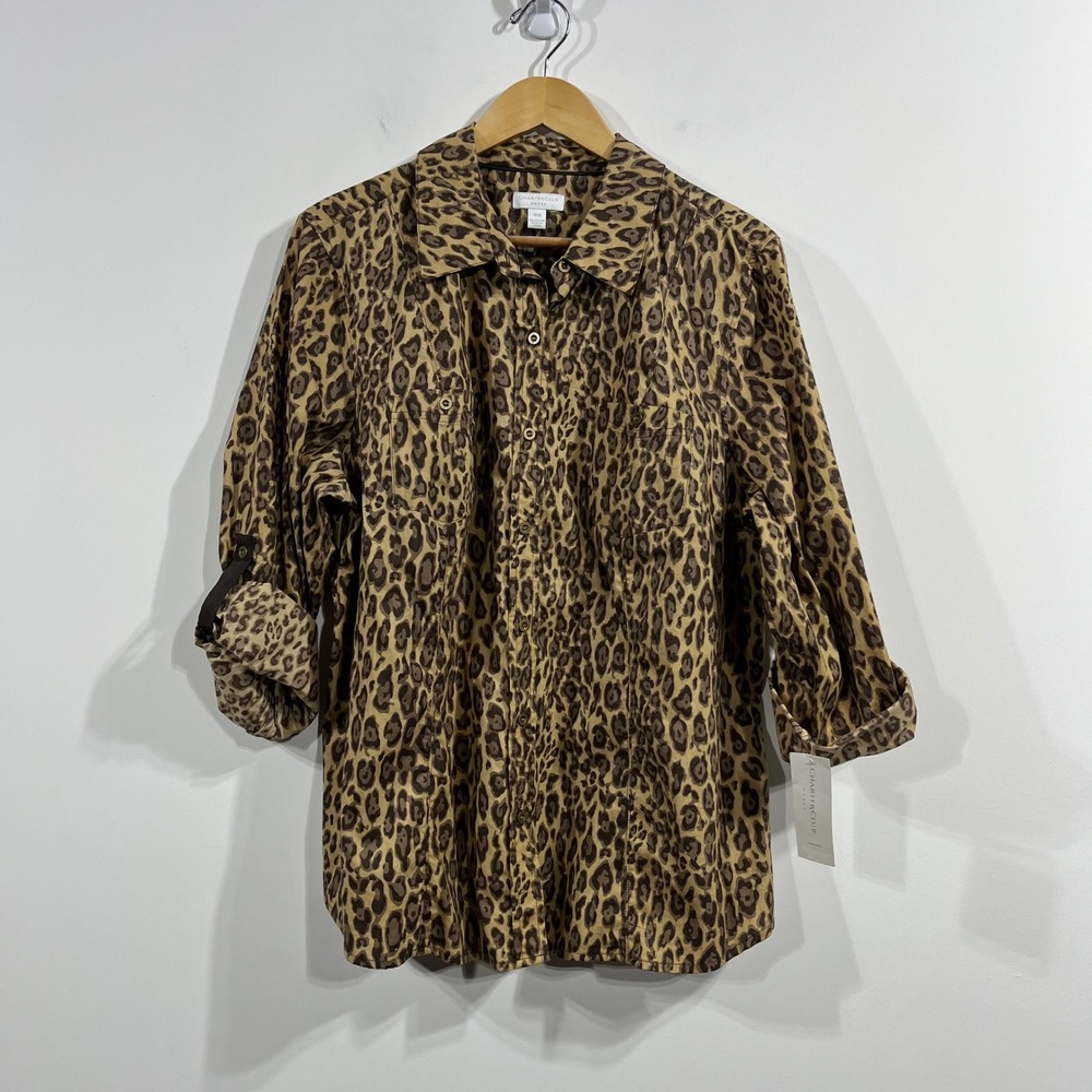 Charter Club Leopard Print Roll-Tab Sleeve Cotton Button Down Shirt Womens 18W